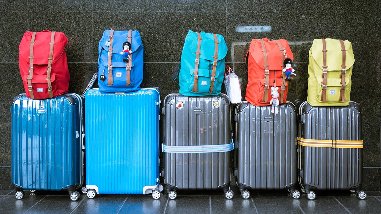 Erivärisiä matkalaukkuja rivissä.