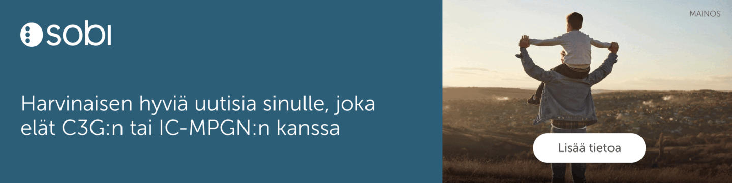 SOBI mainosmateriaali harvinaisten munuaissairauksien uudesta nettisivusta.