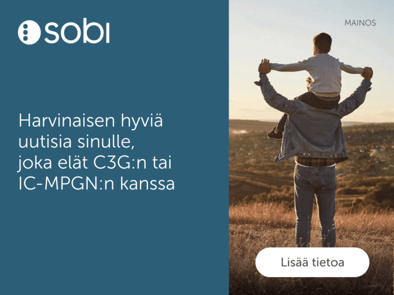 SOBI mainosmateriaali harvinaisten munuaissairauksien uudesta nettisivusta.
